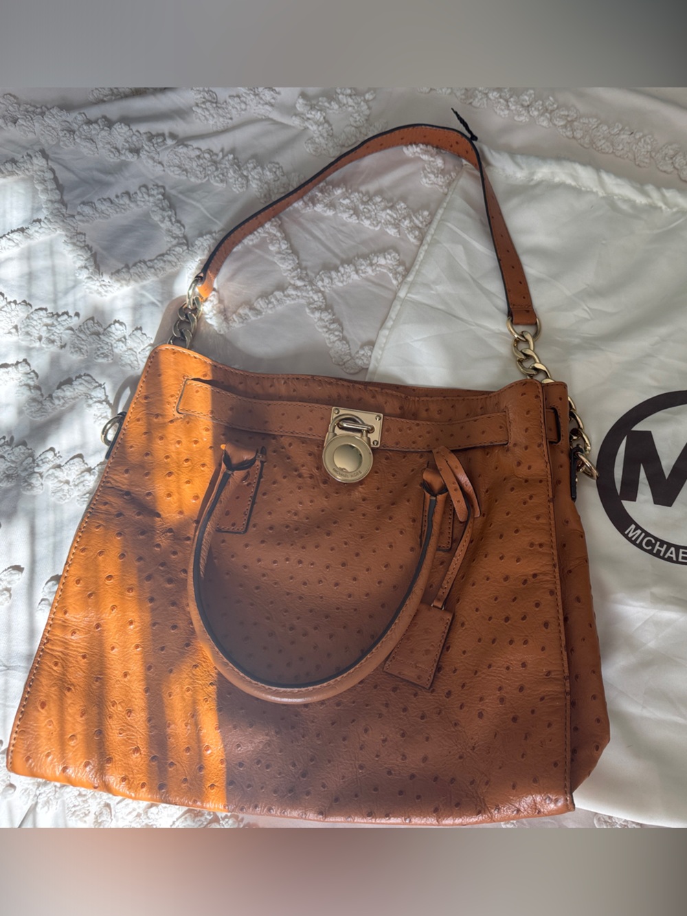 Michael Kors Cognac Ostrich-Pattern Leather Tote